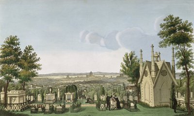 Blick auf den Père-Lachaise-Friedhof von der gotischen Kapelle, graviert von Guiguet von Henri Courvoisier Voisin